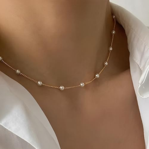 ZKGYUS Gold Perlenkette für Frauen, goldene Kette, zarte wasserdichte und Anti-Allergie-Goldkette, Süßwasser-Perlenkette, Frauen und Mädchen