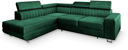 Masseno Ecksofa NOLA L-S mit Schlaffunktion L-Form, Klassisch Sofa mit Bettkasten, Wohnzimmersofa, Couch, Soffa, Bettsofa, Couchgarnitur - Grün, Monolith 37