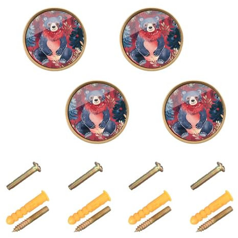 EtherSpher Knauf für Schränke und Schubladen, personalisierbar, bunt, Bär mit roten Kiefern, für Schränke und Schubladen, dekorativer Knauf, 32 mm, Boho-Kommodenknauf, goldfarben, für Bücherregal, 4