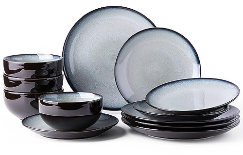 LeRatio Service de table pour 4 personnes, service de vaisselle en grès 12 pièces, ensemble de bols et assiettes en céramique avec émail réactif résistant aux rayures, résistant au lave-vaisselle et