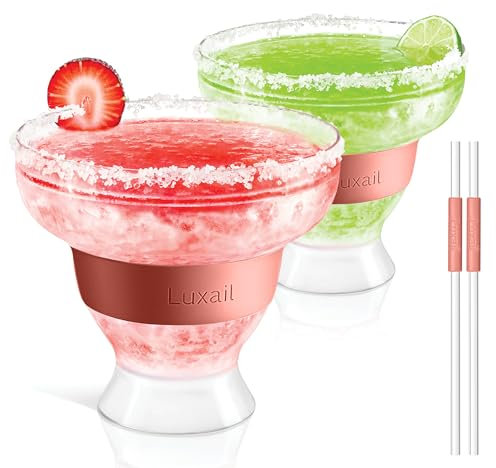luxail Vasos de margarita, vasos de plástico para margarita, aislados de doble pared, vasos de refrigeración por congelación sin tallo con gel, juego de 2 enfriadores de coral, capacidad de 12 onzas,