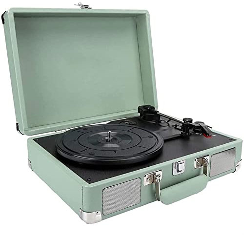 Giradischi in vinile Grammofono Giradischi Bluetooth 3 velocità Trasmissione a cinghia Fonografo vintage con altoparlanti integrati Valigia portatile con audio migliorato/Punta extra Verde oliva
