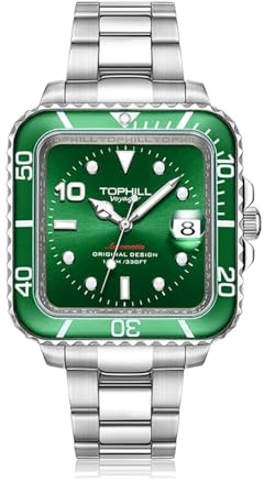 TAPHILL Armbanduhr Herren Automatik, 39mm Watch Men Herrenuhr, Kratzfestes Saphirglas, Wasserdicht Bis 100 Meter, Kalenderfenster，Gehäuse aus 316L-Edelstahl (Grün)