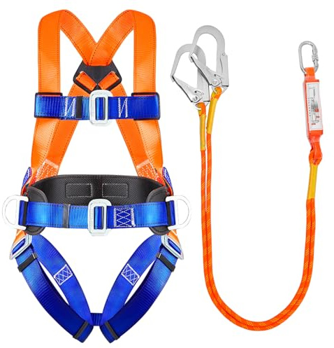 NewDoar Fall Protection Harness with Lanyard Kit, Full Body Safety Harnesses for Roofing Construction Work, Hunting Arborist Tree Climbing, Comfortable Padded Adjustable Safety Equipment