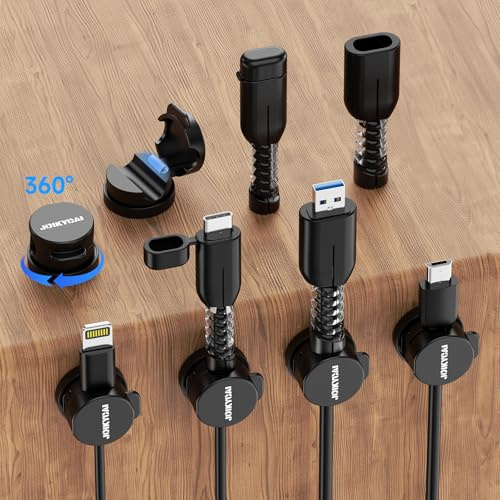 Cable Clips, Cord Organizer Cable Holder 360° Swivel with Cable Protector for USB & Type C, Strong Adhesive Charger Holder for Nightstand, Kitchen Appliances, Office Supplies, Phones, Cars, Black