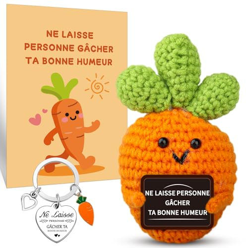 Szhhrxi Poupées de Carotte Positive en Français avec Porte Clés et Carte, Cadeau Original & Amusant, Idée Drôle Anniversaires pour Homme Femme Collègue, Gadget Utile Rigolo Motivation (Carotte)