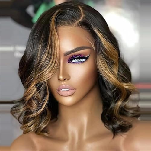Peluca De Cabello Humano Con Ondas Corporales Corte Bob Corto Con Reflejos Suelta Ondulada Con Encaje Frontal De 13X4 200 Density 8 Inch 13x4 lace wig