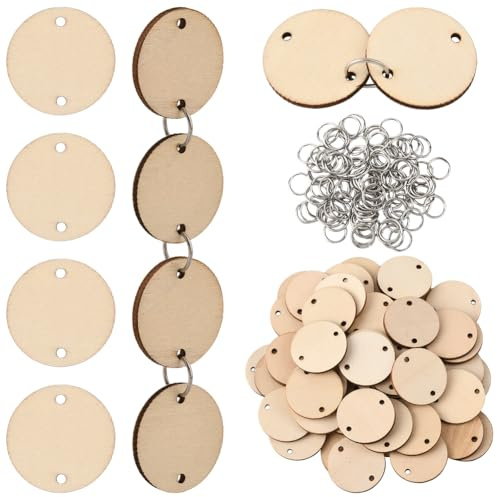 SOFPLATE 200Pcs Wooden Circle Discs Wood Round Tags with Holes Stainless Steel Open Jump Ring Mini Unfinished Wood Links Birthday Board Tag for Homemade DIY Gifts Arts Crafts Decor Supplies Adult