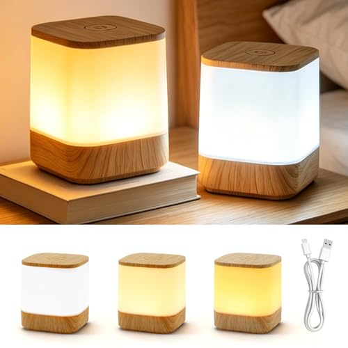 2er Set LED Nachttischlampe Touch Dimmbar, 3600mAH USB Aufladbar LED Tischlampe, Holzmaserung Nachtlicht mit 3 Farbtemperaturen, Tischlampe Kabellos mit Timing und Memory Funktion für Schlafzimmer
