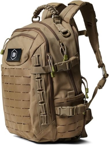 DoubleUnders - Taktischer Rucksack 30L mit MOLLE & Laptopfach – 500D Nylon, wasserabweisend, Militär-Reißverschlüsse, ergonomisch – Outdoor Tagesrucksack für Wandern, Training & Alltag - Kaki