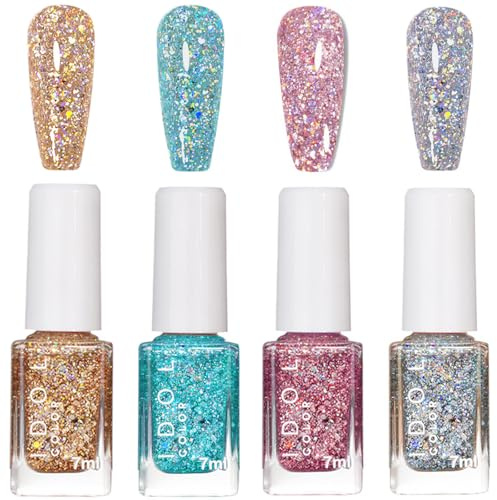 Glitter Nail Polish Set - 4 PCS Sparkly Gold Silver Red Nail Varnish Sets - Quick Dry & Long Lasting Nail Polish - French Manicure Nail Polish Starter Kit 2026 Spring Serise Gift - No Need Cure