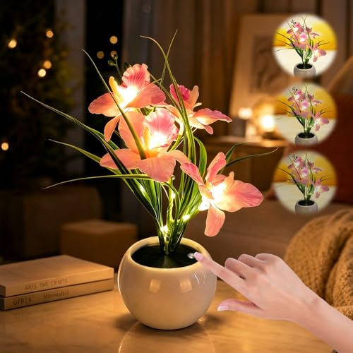 YOFHPT LED Flower Lamp, 29cm Flower Vase Lamp, USB Rechargeable Orchid Flo-wer Light, Artificial Flo-wer Night Light with Touch Dimming for Bedroom, Living Room, Party, Hotel Decor (Pink)