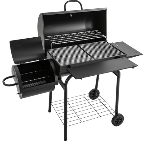 Träkolgrill, grillvagn med lock och termometer, BBQ rökgrill med hjul, asklåda, dubbelgrillyta för upp till 10 personer, trädgård, terrass, utomhus