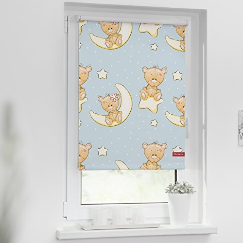 Lichtblick Klemmfix Verdunklungs-Rollo mit Motiv, ohne Bohren, Blickdicht, Seitenzugrollo, Made in Germany, Bärchen - Blau 100 x 150 cm (B x L)