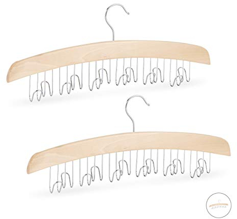 Relaxdays Gürtelhalter Kleiderschrank, 2er Pack, 12 Gürtel, Haken 360° drehbar, Lotusholz, HBT 17x43x5cm, natur/silber