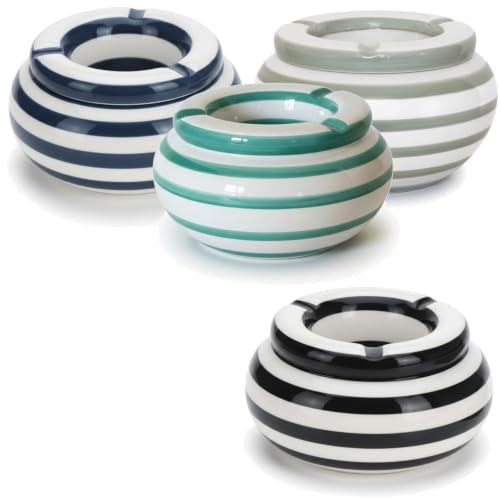 LS-LebenStil XXL Sturmaschenbecher 14x9cm Maritim Schwarz Weiß Welle | Windaschenbecher Aschenbecher | mit Deckel | Sturmaschenbecher Windaschenbecher Ashtray Tischaschenbecher Garten Balkon Deko