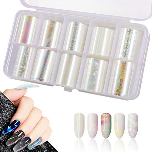 10 Rolls White Pearl Color Holographic Nail Art Foil Sticker, Mwoot Nail Transfer Aufkleber Sternenhimmel Nail Wraps Transfer Aufkleber Kit Nagelfolie Transfer (0.98inchs39.37inchs/2.5cm100cm)