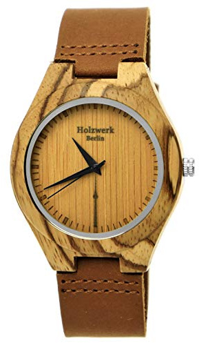Holzwerk Germany Handgefertigte Berlin Designer Öko Unisex Damen Uhr Herren Öko Natur Holz Leder Armband Holzuhr Analog Klassisch Quarz- in Braun mit Berliner Fernsehturm