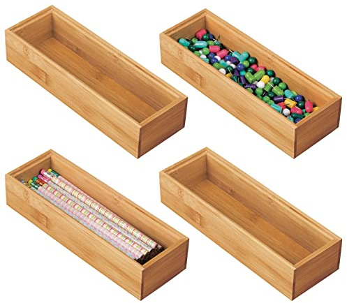 mDesgn 4er-Set Aufbewahrungsbox für Schreibtisch und Schublade – rechteckige Schubladenbox aus Bambus – hochwertiger Schreibtisch Organizer für Bürobedarf und Bastelsachen – naturfarben