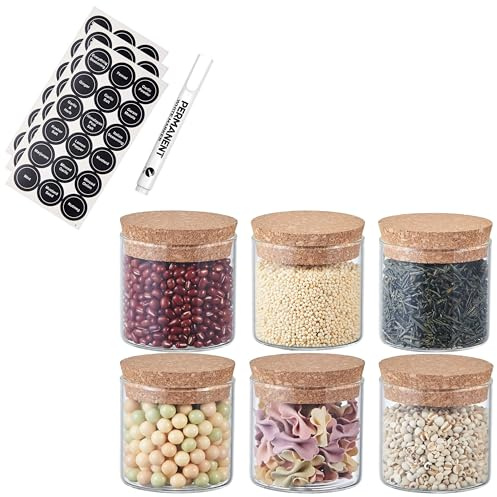 ORNAMI Small Glass Food Jar with Cork Lid and Airtight Sealing, Little Clear Canister Jar for Kitchen Storage, for Grains, Seeds, Salt, Pepper, Spices - Set of 6 (150ml)