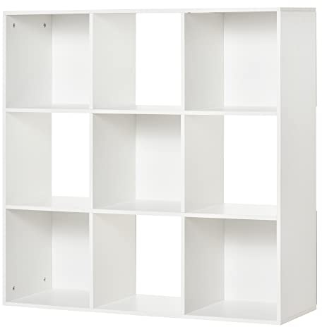 HOMCOM Libreria Bianca per Casa e Ufficio, Scaffale dal Design Moderno con 9 Scomparti in Legno, 91.5 x 29.5 x 91.5 cm