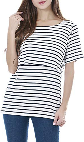 Smallshow Tops de enfermería Camisas de Manga Corta de Maternidad para Mujeres Ropa de Lactancia Materna White Stripe X-Large
