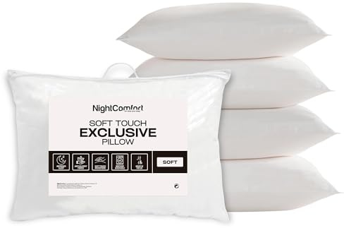 Night Comfort Exclusive Collection White Pillow for Soft Support - Microfibre Cover Hollowfibre Filled Support Pillows for Stomach Sleepers- Ultra Bouncy Fluffy Down Alternative Bed Pillow, Pack of 4
