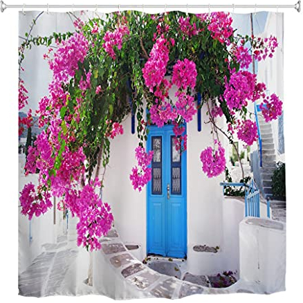 goodbath Shower Curtain, Traditional Greek House Fowers 3D Anti Mould Waterproof Bath Curtains for Bathroom, 180x180cm, Blue White