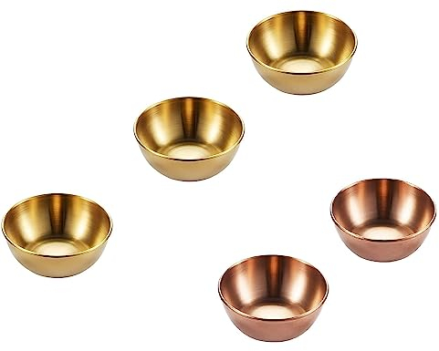KBNIAN 5 Pièces Petit Bols à Sauce en Acier Inoxydable Coupelle à Sauce Doré Bol à Trempette Petites Coupelles Rondes Mini Plats d'Assaisonnement Ronds pour Accompagnements, Apéritifs, Soupes, Épices