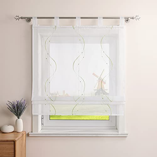 CORLIF Raffrollo mit Schlaufen Leinenoptik Raffgardine B100 x H140 cm,Grün | 1 Stück,Mit Stickerei,Transparent,Modern,Schlaufenrollo Landhausstil,Küche Rollo,Mit Wellenmuster,Kurz Fenster Schal