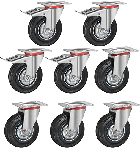 8er Set Schwerlastrollen 125mm, Lenkrollen bis 800kg Traglast | Inkl. Schrauben, 360° Drehbar & Geräuschlos, 4 mit Feststellbremse, 4 ohne. Ideal für Möbel, Paletten und Lager