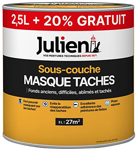 Julien Peinture Sous-Couche Masque-Taches Multi-Supports - Isole les Taches sur Murs et Plafonds - Blanc Mat 2,5L + 20% Gratuit