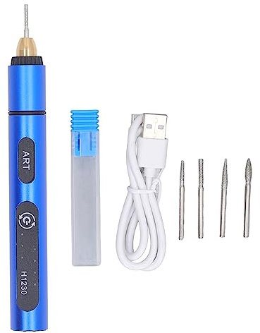 Elektrisches Gravierstift-Set, USB-wiederaufladbar, Tragbare Graviermaschine, 5 V, Mini-Graveur, Rotationswerkzeug, 3 Gänge, Verstellbare Aluminiumlegierung mit 4 Köpfen für (Blau)