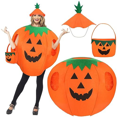 Hifot Disfraz Calabaza Adultos,Divertido Disfraz de Calabaza Mujer Hombre con Bolsa de Calabaza Sombrero de Calabaza,Lindo Disfraces Calabaza Halloween para Fiesta de Temática Cosplay y Carnaval