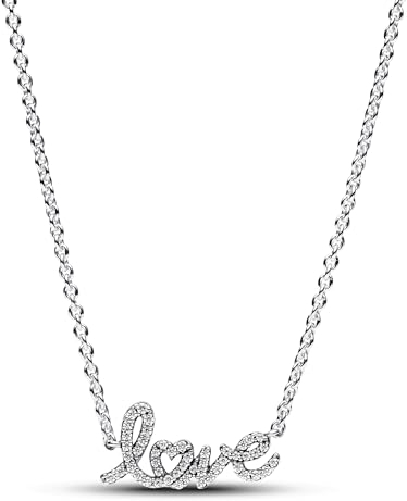 PANDORA Moments Funkelnde Handgeschriebenes Love Collier-Halskette aus Sterling Silber mit Zirkonia, Länge: 45cm, 393076C01-45