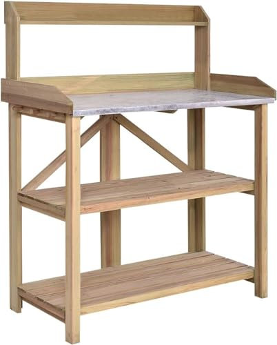 HYGRAD BUILT TO SURVIVE 3 Tier Wooden Potting Planting Outdoor Garden Work Bench Table Station Storage Shelf Tray Wood Garden Planting Work Station Bench with Hooks and Shelves for Patios/Courtyards,