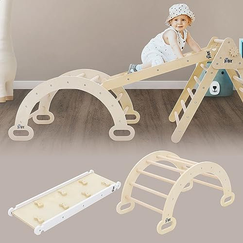 Joyz 2 in 1 Kletterbogen mit Rutsche, Natur-Weiß, Holz, Regenbogenwippe mit Kletterrampe, nach Pikler Art, 2er Set Klettergerüst Indoor für Kinder ab 1 Jahr, Montessori Lernspielzeug Kletterspielzeug