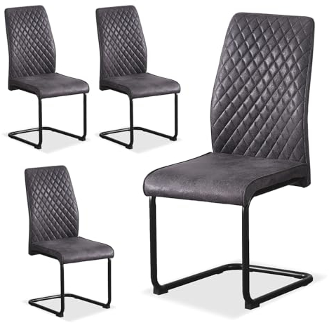 B&D home® Esszimmerstühle Theo 4er-Set – gepolsterte Freischwinger mit Rautensteppung, Wildlederoptik Anthrazit, ergonomische Sitzfläche, schwarzes Metallgestell, Industrial Design