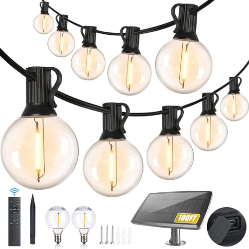Yusist 100FT Solar String Lights Outdoor Waterproof with Remote, G40 Solar Powered String Lights with 30+2 LED Shatterproof Bulbs, Dimmable Solar Patio Hanging Lights for Outside Backyard Party