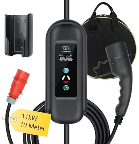 Mobile Wallbox 11kW mit 10 Meter Typ2 Ladekabel für die rote CEE 16A Steckdose, Display, Regelbar 8/10/13/16 A, für alle Elektroautos und PHEV mit Tasche & Wandhalterung Deutsche Anleitung &Support