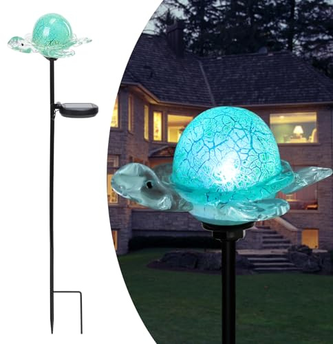 Afirst Decorative Solar Lights Outdoor Solar Turtle Stake Lights Hand Blown Glass Decorative Garden Pathway Light Outdoor Waterproof Glass Stakes Green
