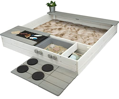 Meppi Sandkasten aus Holz mit Herd und Grill in Weiss/grau - Sandkiste Sandbox für Kinder