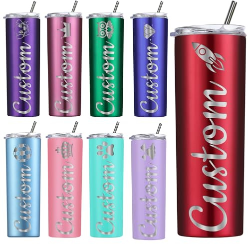 Amlion Vaso personalizado – Grabado con láser con nombre, vasos de acero inoxidable de 20 oz, vasos delgados con tapas y pajitas para regalos para mujeres y hombres – 13 colores y 42 iconos