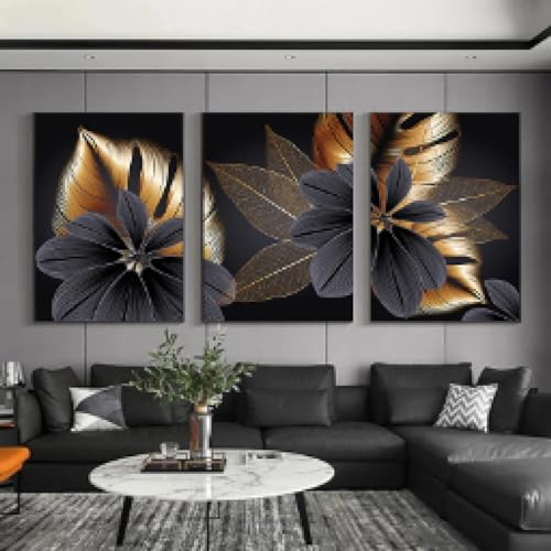 NXMYDBD Gold- und Schwarzpflanzenblattbilder, nordischer Posterdruck, Wandkunst, Bilder, Leinwandmalerei, Wohnzimmer, Schlafzimmer, Wohnkultur, 70x90cm (28x35 Zoll) x3, ungerahmt
