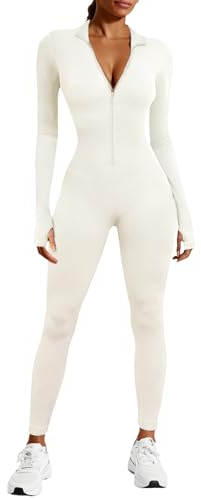 Voqeen Mono Deportivo Mujer Yoga Mono con Cremallera Manga Larga Traje Una Pieza Elásticos Ajustado Jumpsuit Fitness Body de Punto Acanalado Sexy Gimnasio Overol