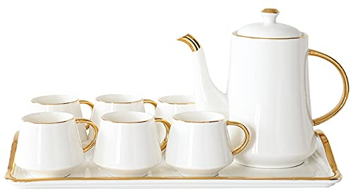 DDKYHU Kaffeetassen, Teeservice aus Porzellan, Teetassen und Untertassen, 6er-Set, Teeservice mit Teekanne für Erwachsene mit Goldrand, Jahrestag, Geburtstag