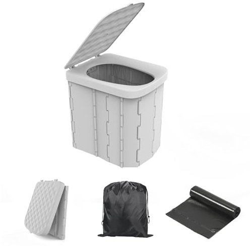 Hapoon XL Portable Folding Camping Toilet with Lid - Travel Portable Potty for Adults, 12 Toilet Bags, 12 Pack Liquid Waste Gel, Light Grey