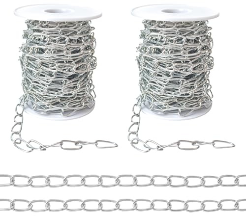 2Pack Jack Chain with Spool, 60Ft Totally Galvaniz Iron Hanging Chain, Metal Link Chain for Hanging Plants, Bird Feeders, Overhead Lights, Silver