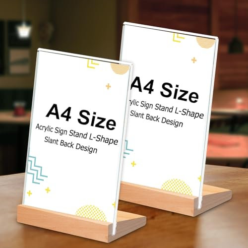 Soserkouer A4 Tischaufsteller aufsteller L Form Tischständer Acryl Werbeaufsteller Display mit Holzfuß für Hochzeit Restaurant Büro Cafe (2 Stück )