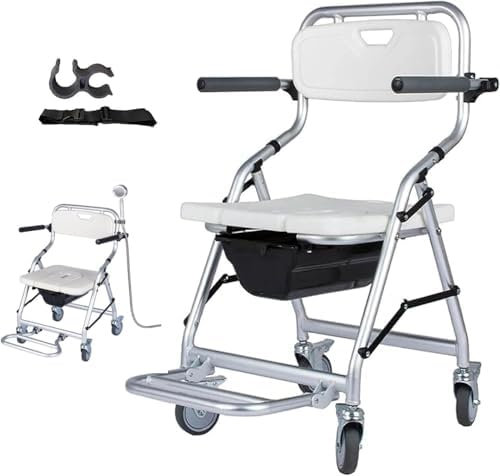 SSLW Fauteuil Chaise roulante de Douche Pliant - côté Chaise de Toilette avec sièges Toilettes rembourré, Chaise de Douche roulante avec accoudoirs Dossier, Chaise de Transport Mobile avec roulettes